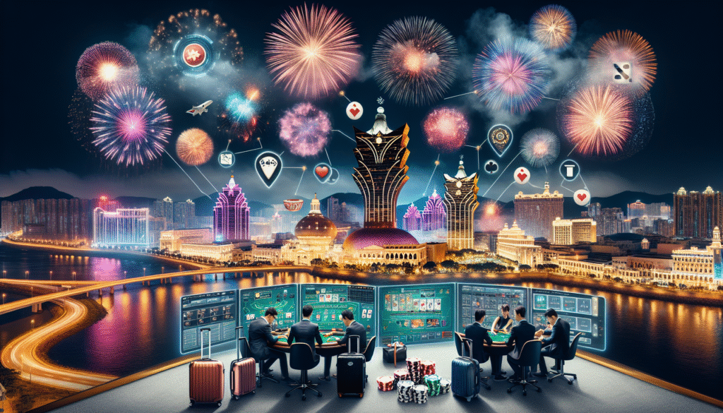 Macau fireworks over casino resorts with vibrant night sky