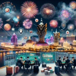 Macau fireworks over casino resorts with vibrant night sky