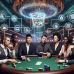 Casino poker table with players engaging