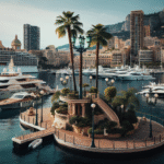 Elegant yacht in Monte Carlo harbor with a clear blue sky and luxurious marina