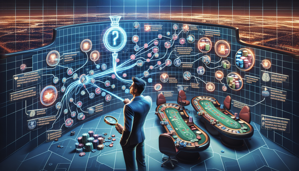 Travelers planning a casino trip with table games in the background