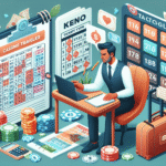 Casino table displaying various keno tickets and chips