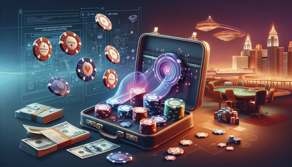 Modern casino interior with poker chip set and table games