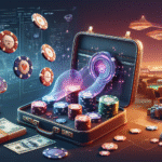 Modern casino interior with poker chip set and table games