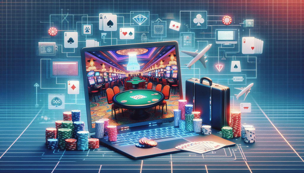 Traveler reviewing casino game strategies on a mobile device with a casino backdrop