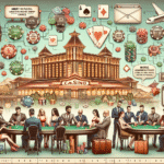 A casino table scene showing players and dealers in action